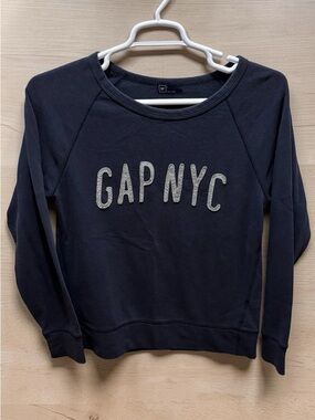 Gap NYC Navy‎ Blue Sweatshirt Silver Glitter Graphic Raglan Pullover Large
